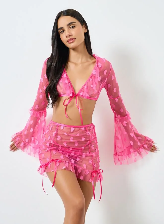 Pack of 3 - Heart Mesh Pattern Flared Top, Ruffle Skirt and Brief